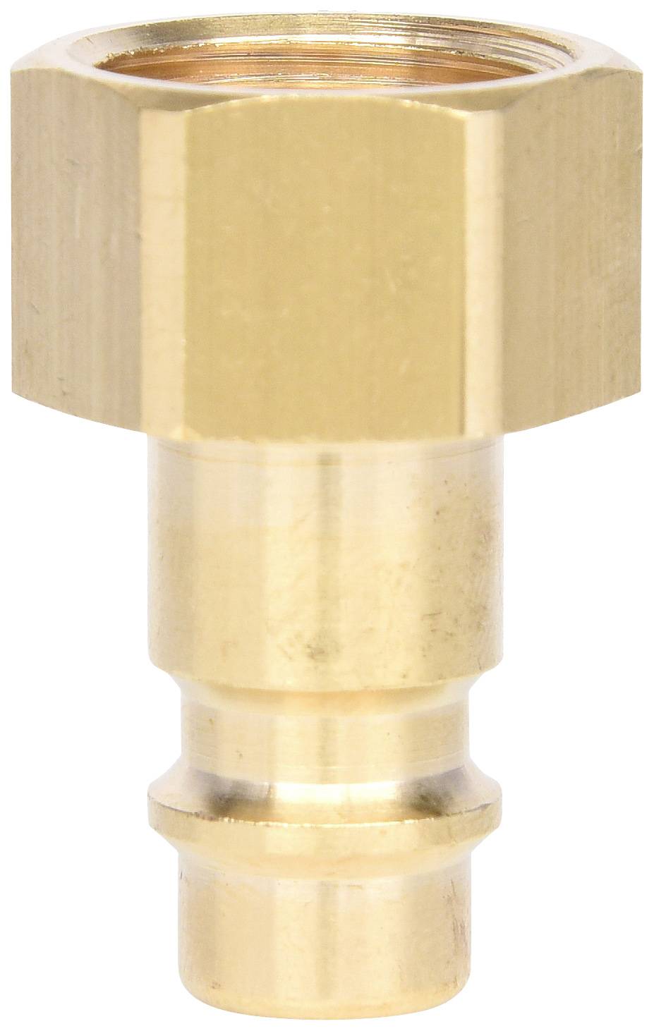 Ein Messing-Schnellkupplungsstecker mit sechseckiger Mutter und glattem Schaft darunter.