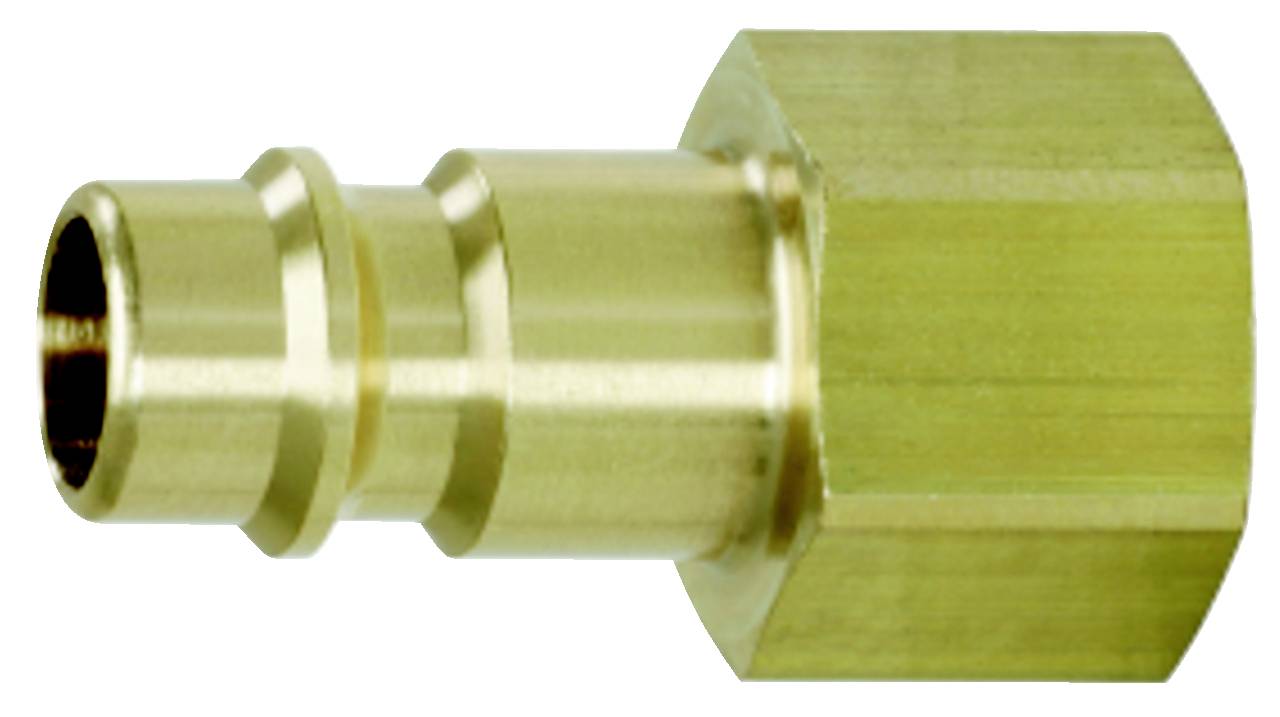 Ein goldfarbener Adapter mit einem sechseckigen Schraubgewinde und einem glatten Anschluss am anderen Ende, verwendet für Rohre oder Schläuche.