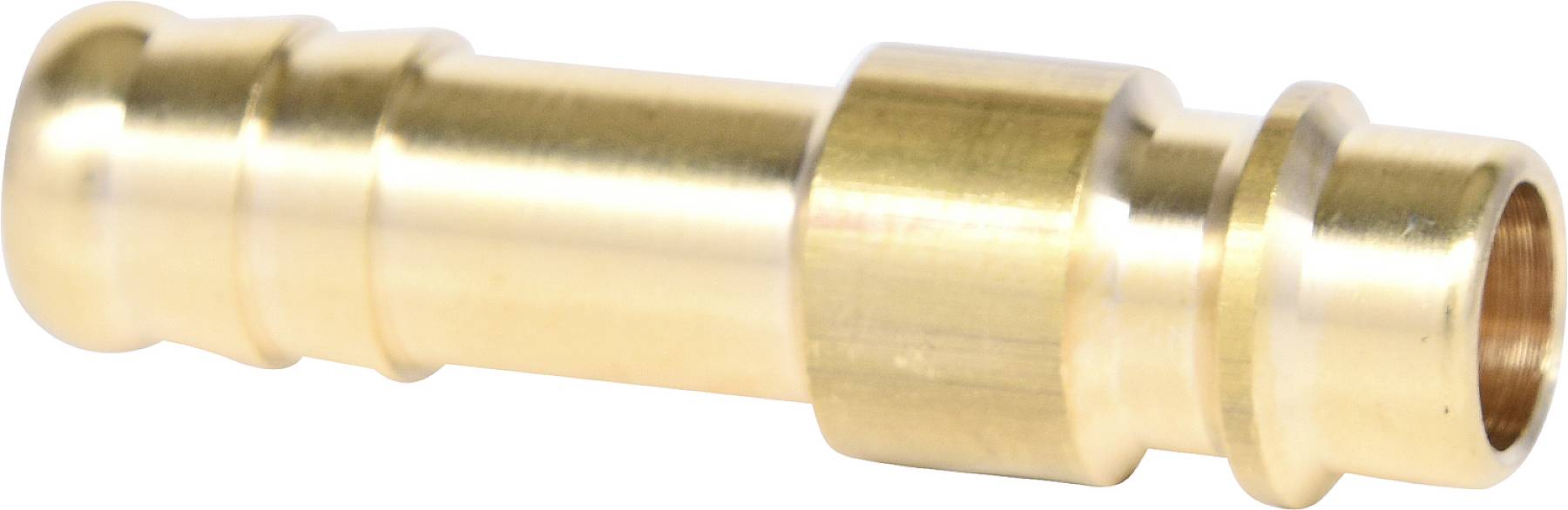 Messing-Schlauchverbindung mit glatter Oberfläche und zwei Rillen am linken Ende, geeignet für sichere Verbindungen in Hydrauliksystemen.