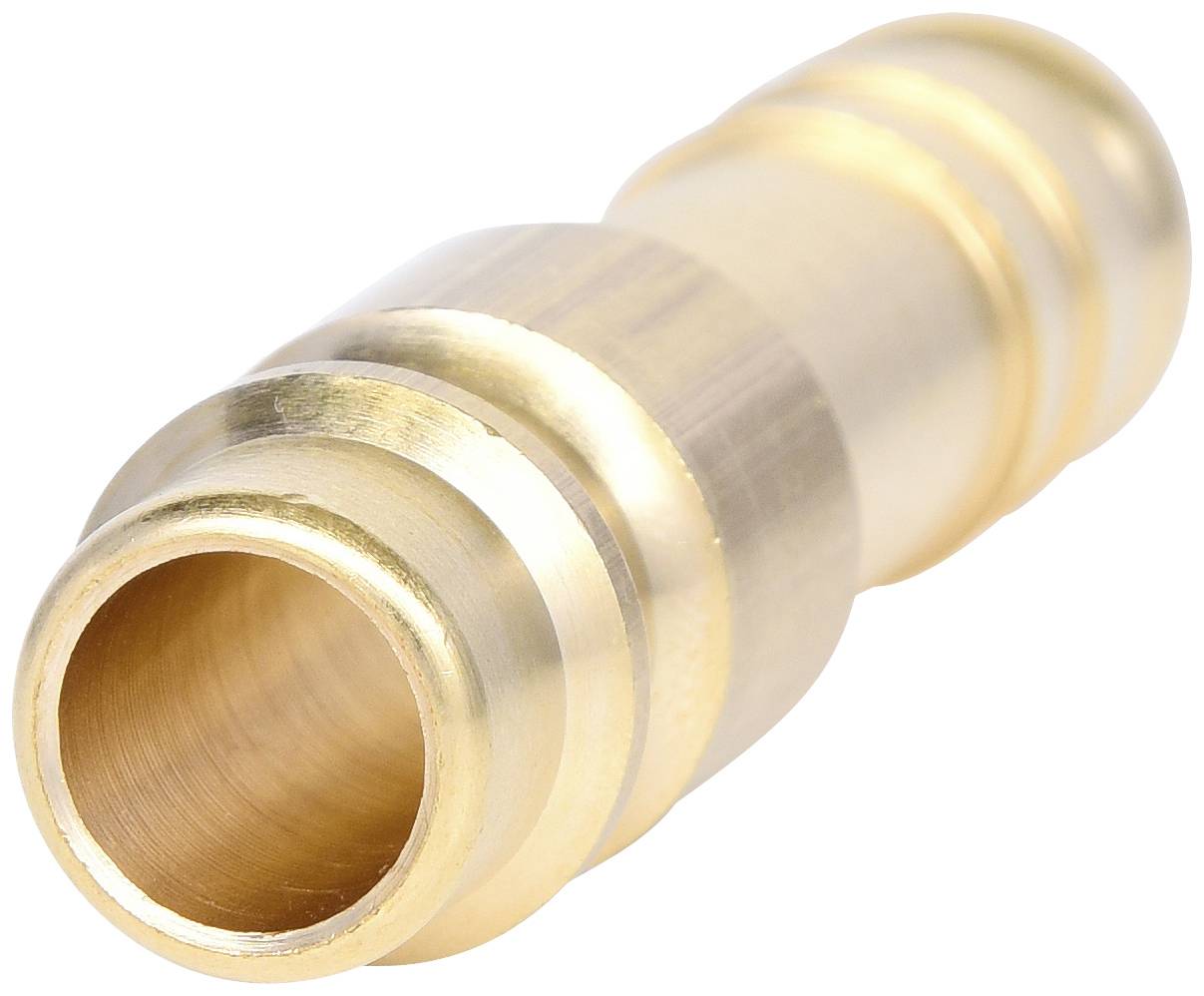 Messing-Verbindungsstück mit zylindrischer Form, glatter Oberfläche und zwei Rillen zur Befestigung an Rohrsystemen.