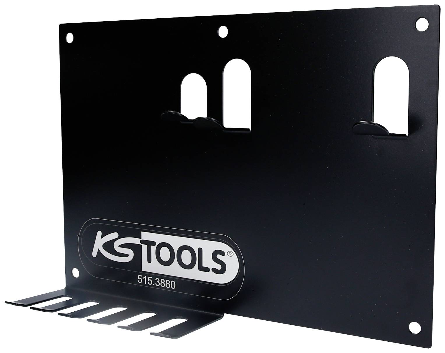 Schwarze Metallplatte mit dem Logo 'KS TOOLS' und Halterungen für Werkzeuge, geeignet zur Wandmontage in Werkstätten.