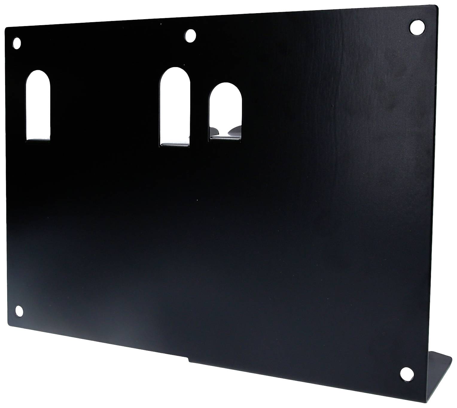 Schwarze, rechteckige Metallplatte mit drei unterschiedlich geformten Löchern, vermutlich zur Wandmontage geeignet.