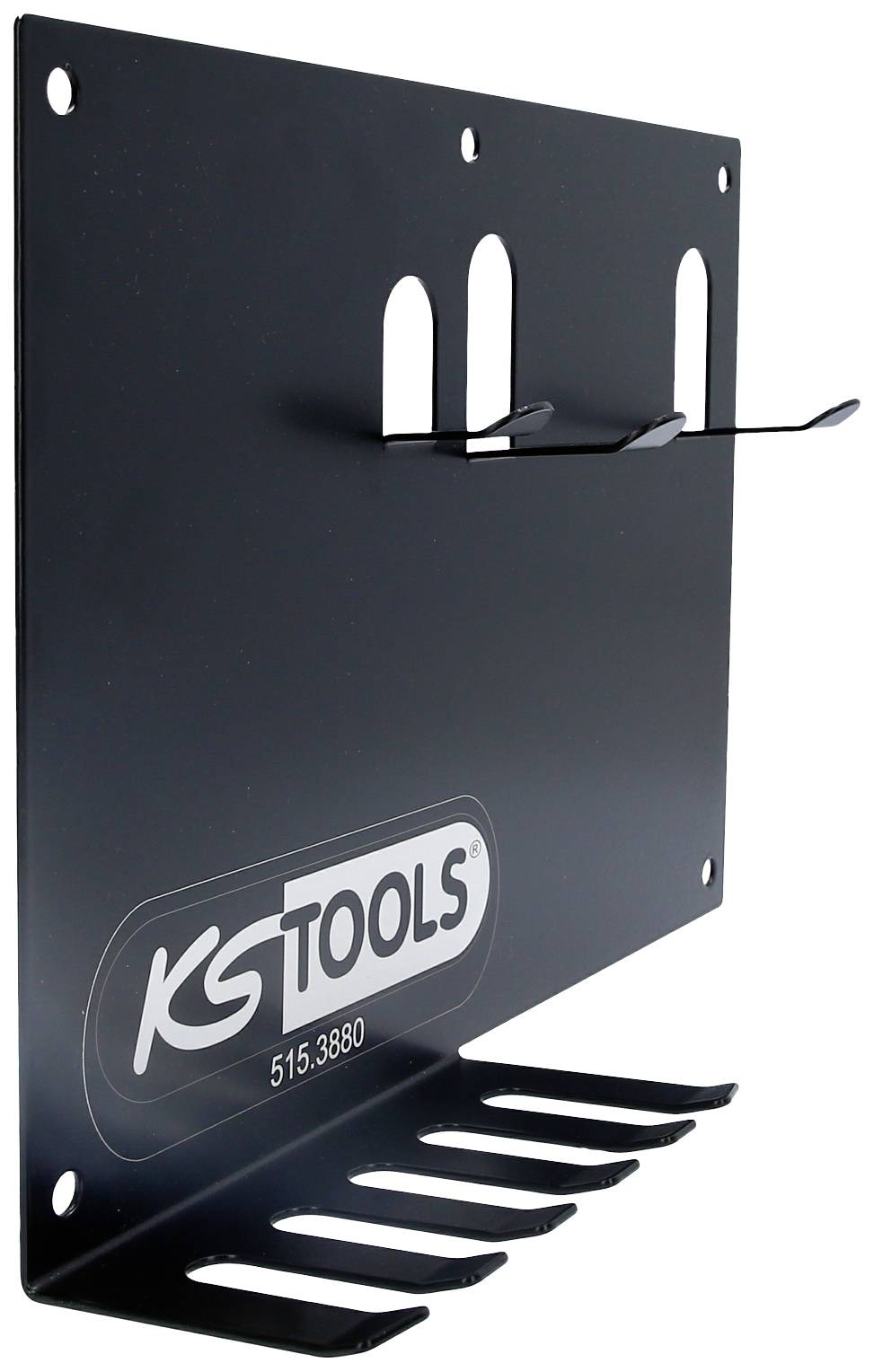 Werkzeughalter aus schwarzem Metall mit sechs Halterungen zur Wandmontage. Aufschrift zeigt 'KS TOOLS'. Ideal zur Werkzeugorganisation.