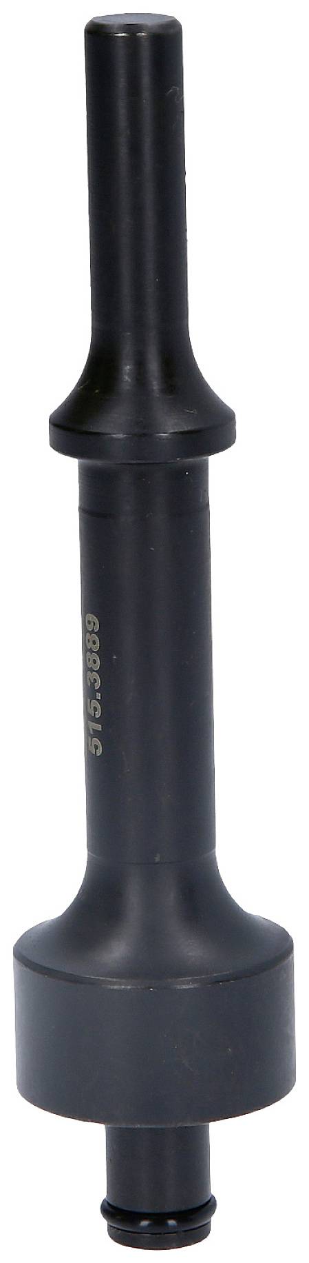 Ein schwarzer Metallstift mit flachem runden Kopf und langem Schaft, möglicherweise Teil eines Werkzeugs oder einer Maschine.