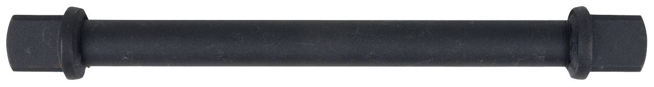 Ein schwarzes Metallrohr mit zwei breiteren Enden liegt horizontal. Es könnte ein Teil einer Konstruktion oder eines mechanischen Geräts sein.