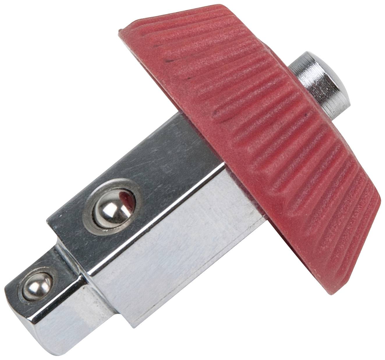 Metallisches Werkzeug mit silbernem Schaft und rotem, geriffelten Kunststoffkopf. Verwendet zum Festziehen von Schrauben oder Bolzen.