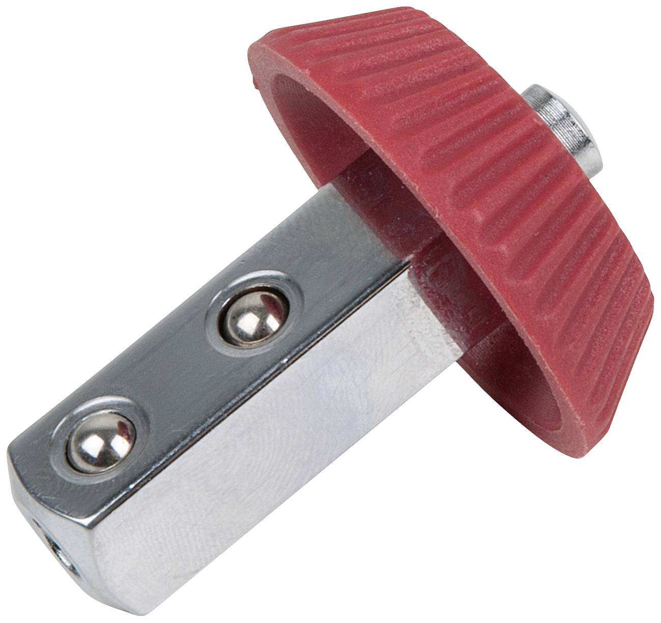 Metallteil mit rechteckiger Basis und rotem, geripptem Kunststoffgriff. Verwendet zur Befestigung oder Justierung in Maschinen.