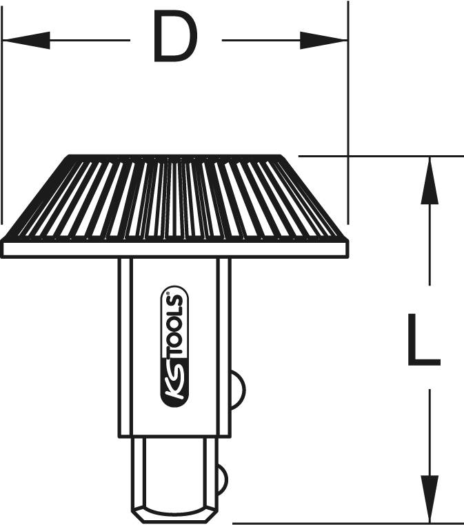 Skizze eines Werkzeugs mit rechteckigem Kopf. Maße 'D' und 'L' angegeben. Marke 'KS Tools' auf dem Griff sichtbar.