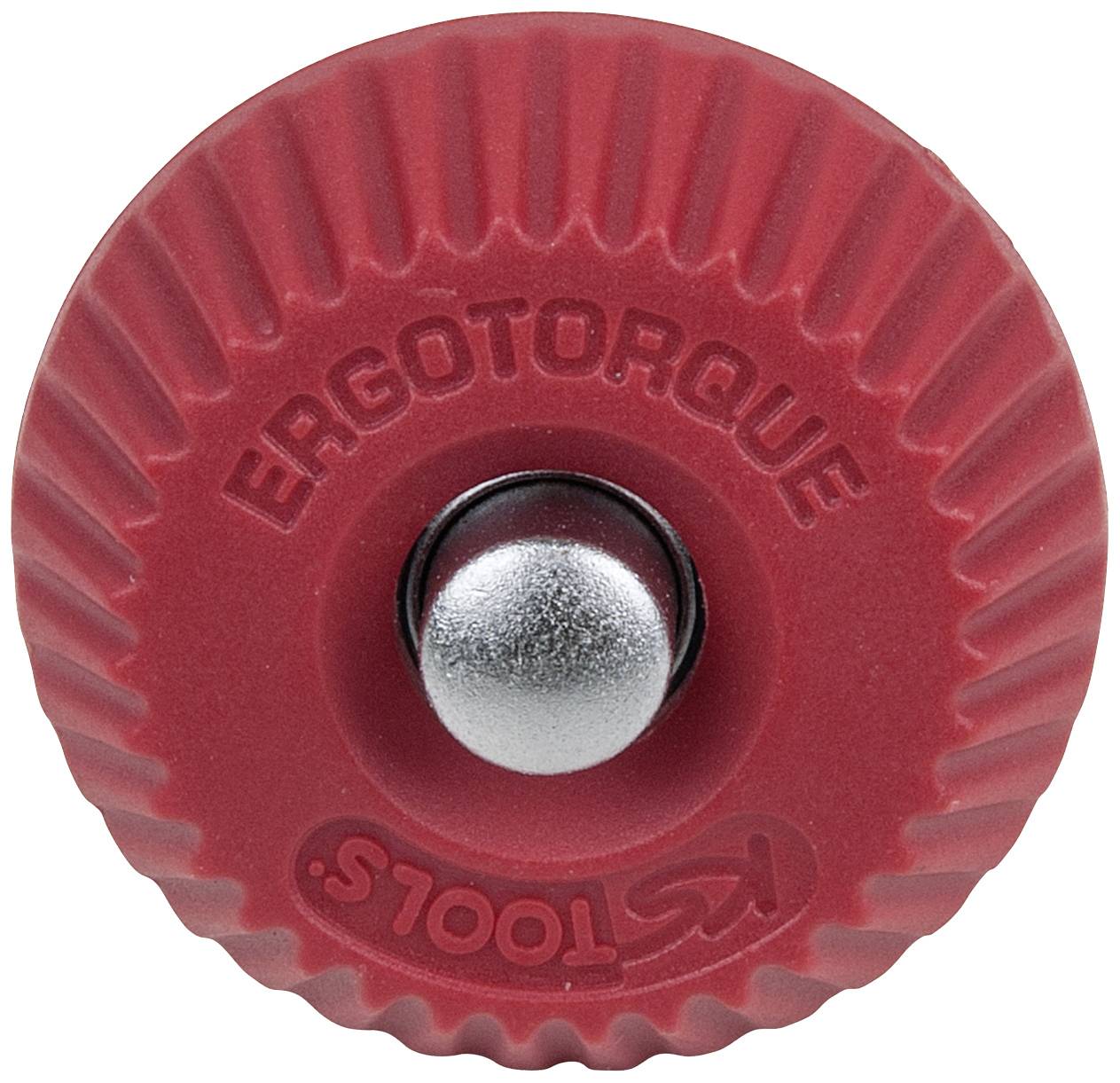 Roter, gerillter Griff in runder Form mit der Aufschrift 'ERGOTORQUE' oben und einem Metallknopf in der Mitte.
