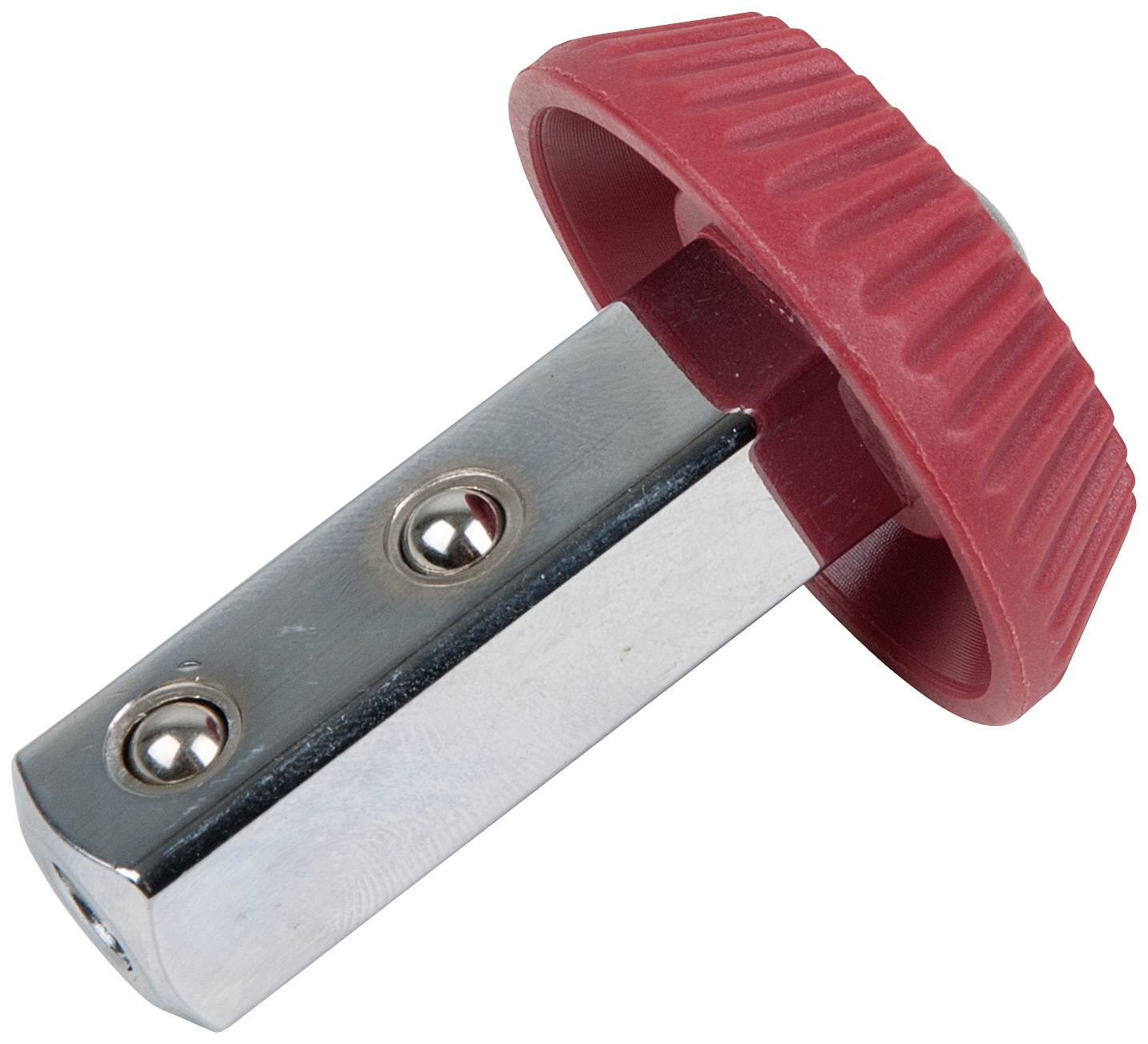 Ein Metallstift mit zwei Kugellagern und einem geriffelten roten Kunststoffgriff. Verwendet als Möbelverbindungselement.