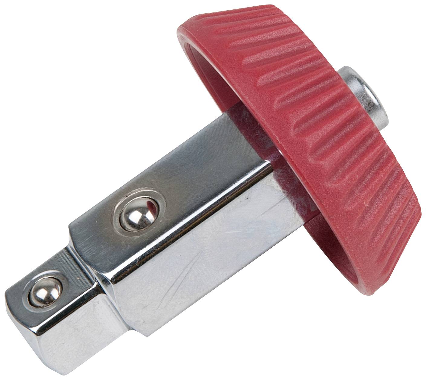 Ein silberner Adapter mit rotem Drehknopf.