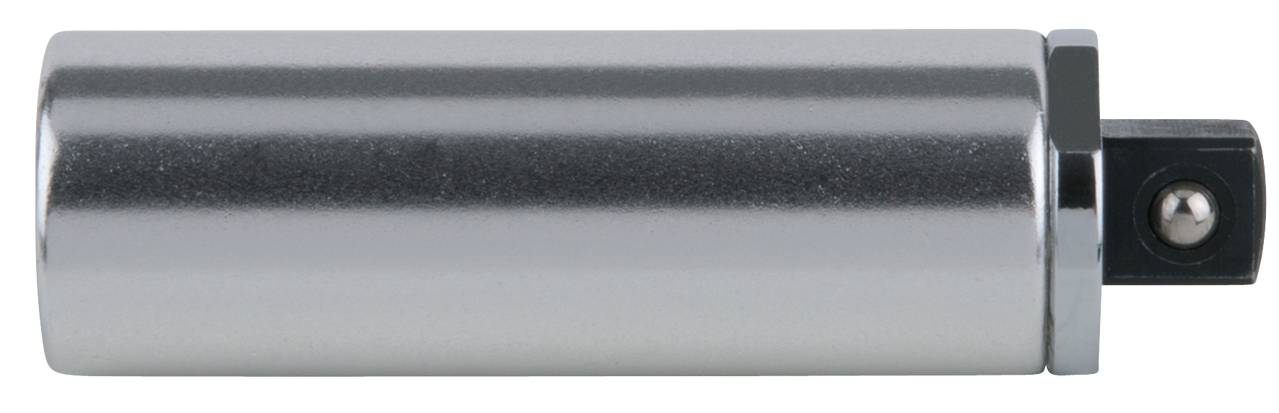Ein zylindrischer, silberner Metallzylinder mit schwarzem Anschlussende, möglicherweise eine mechanische Komponente oder ein Adapter.