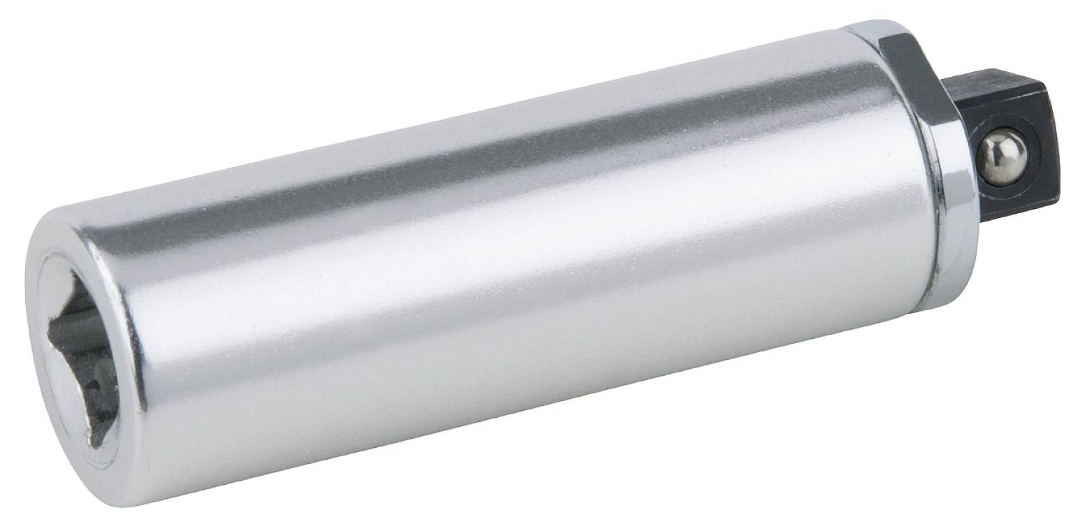 Ein silberner, zylindrischer Schraubenschlüsseladapter mit quadratischer Aufnahme an einem Ende, verwendet in der Mechanik.