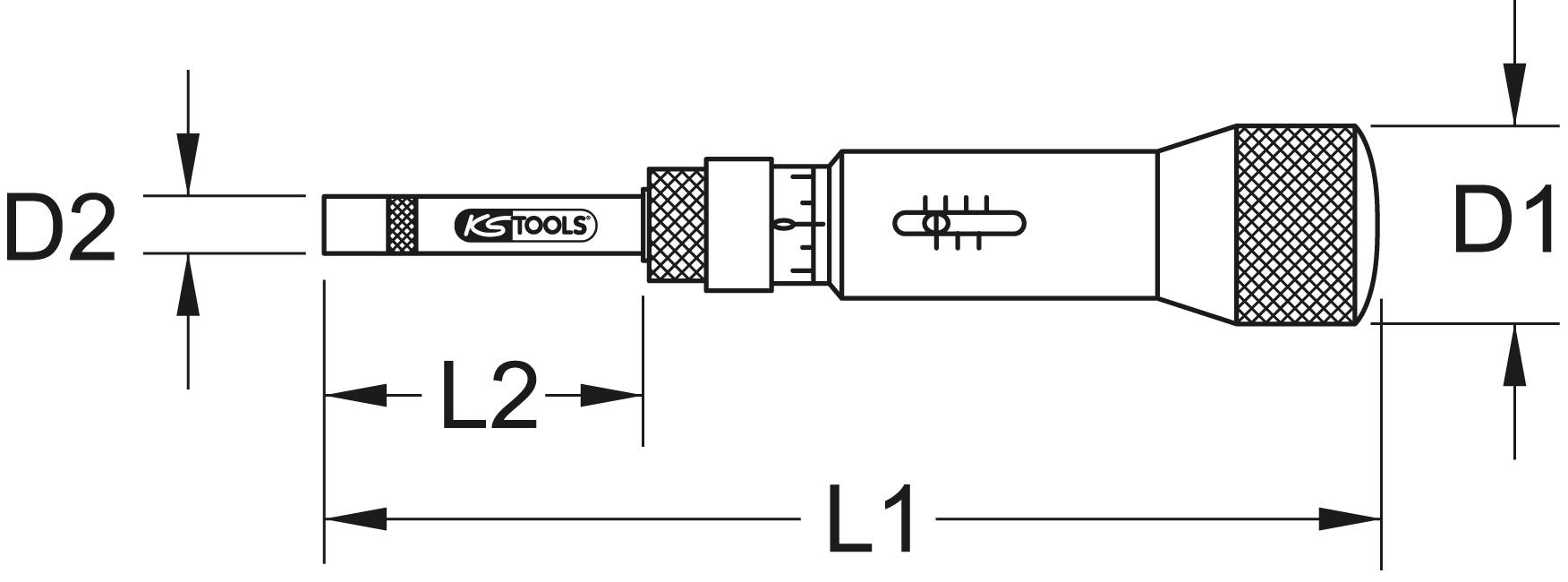 Technische Zeichnung eines Schraubendrehers mit markierten Maßen D1, D2, L1 und L2. Zeigt Griff, Schaft, Spitze und KS Tools-Logo.