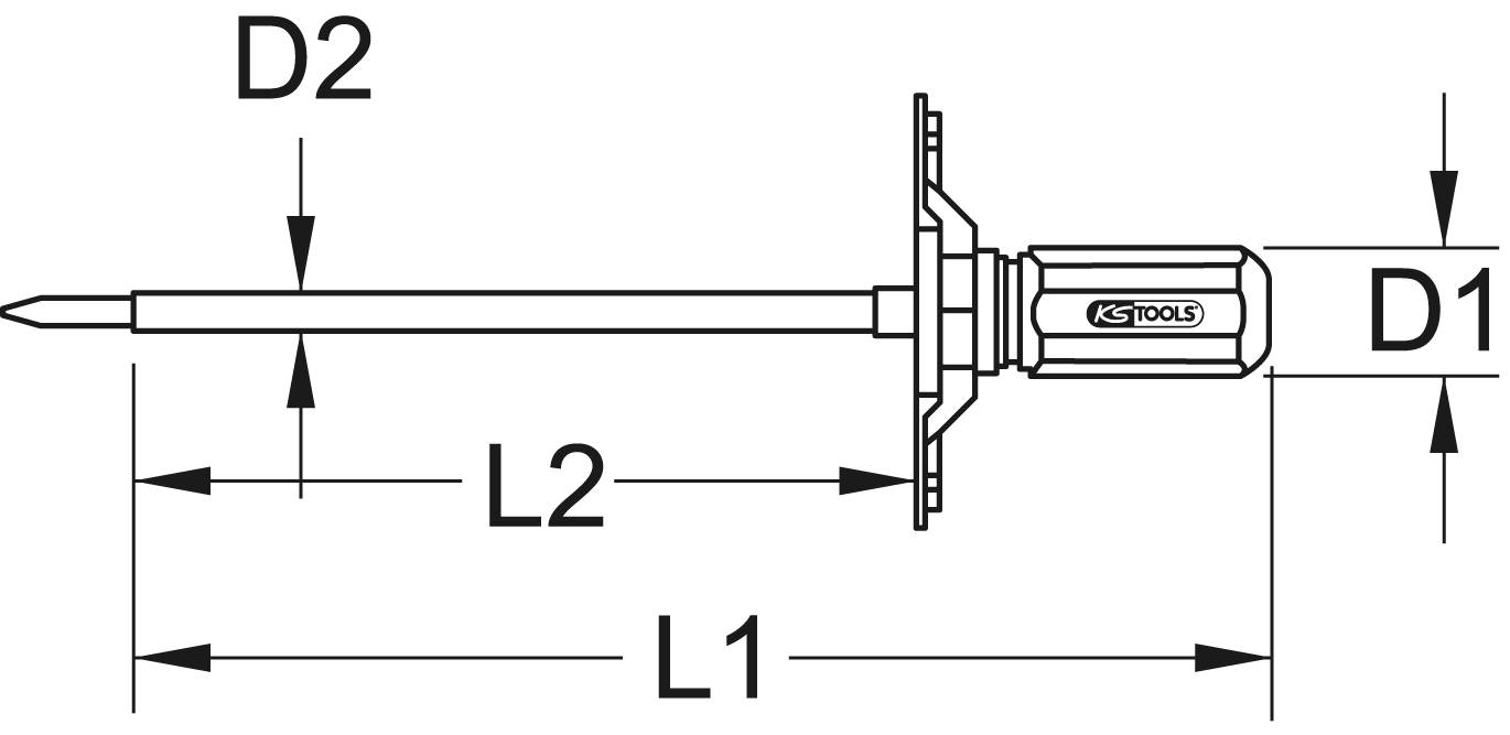 Technische Zeichnung eines Schraubenziehers mit Abmessungen: D1, D2, L1 und L2. Bemaßungslinien zeigen verschiedene Längen und Durchmesser.