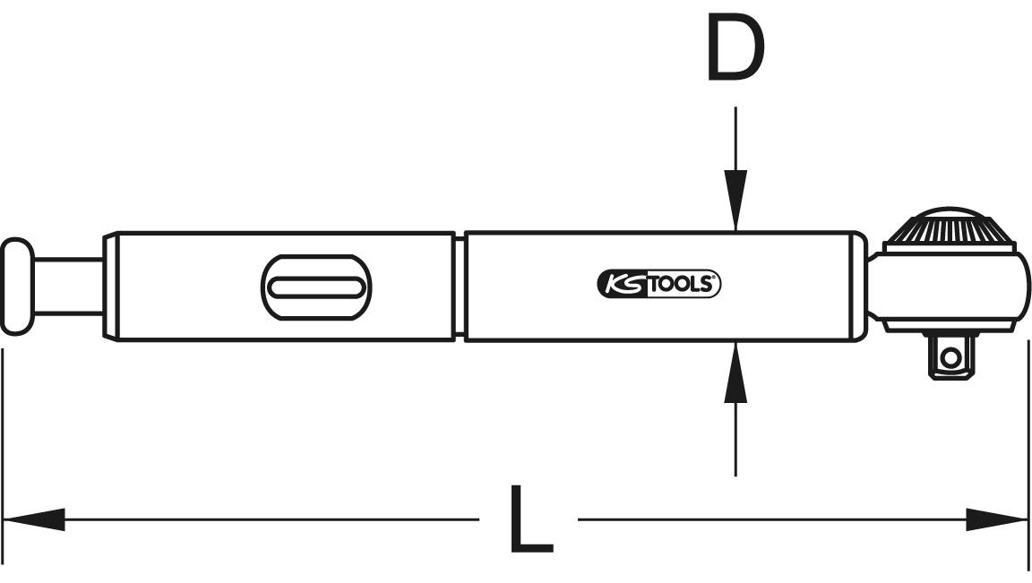 Diagramm eines Teleskop-Drehmomentschlüssels mit Markierungen für Länge (L) und Durchmesser (D), mit der Aufschrift 'KS TOOLS'.