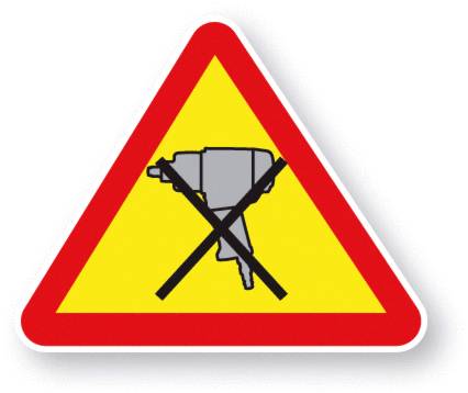 Dreieckiges Warnschild: Abbildung eines Bohrers mit einem schwarzen X darüber, was das Verbot der Nutzung signalisiert.