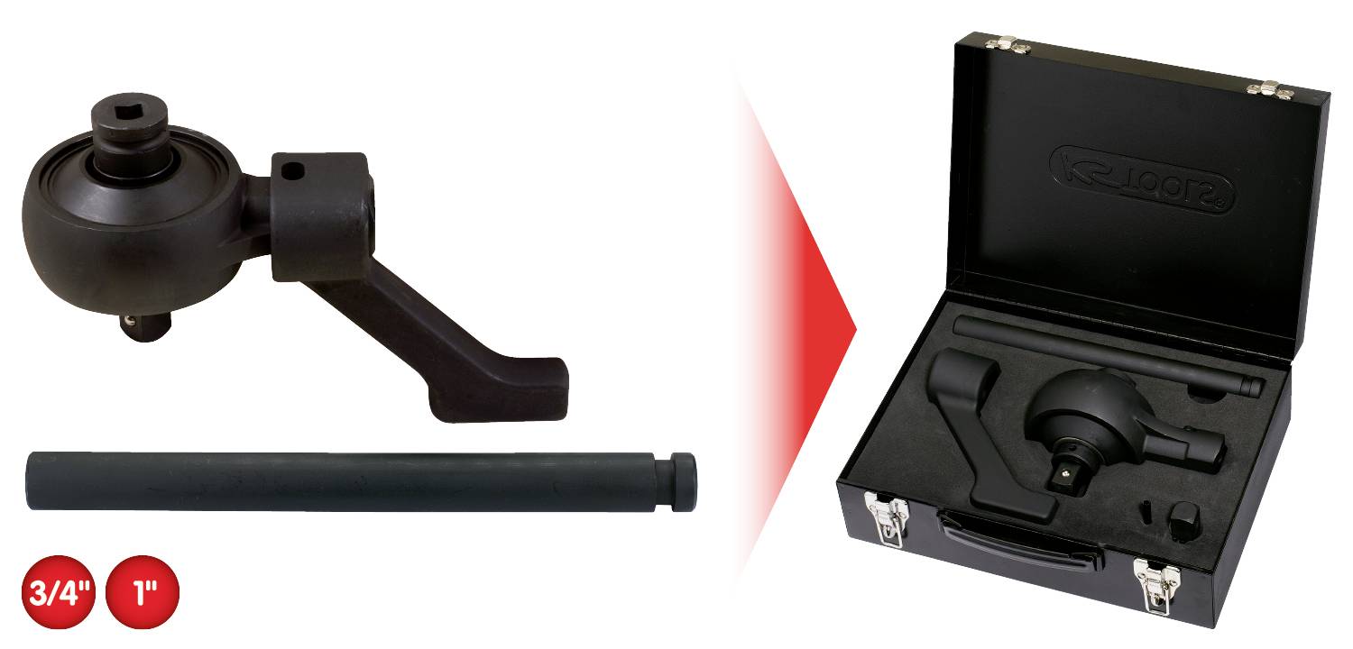 Schlagschrauber-Adapter-Set in schwarzem Koffer. Enthält zwei Adapter und Verlängerung. Links Adapter mit rotem Pfeil zum Koffer rechts.
