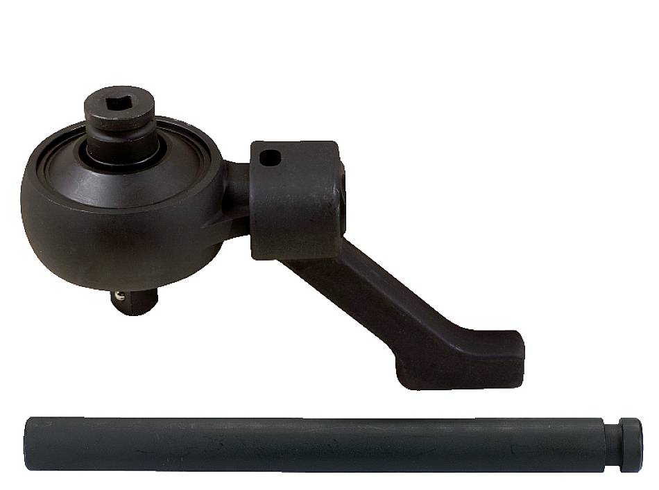 Ein schwarzer mechanischer Hebel mit Griffstange, vermutlich ein Teil eines Werkzeugs oder einer Maschine.