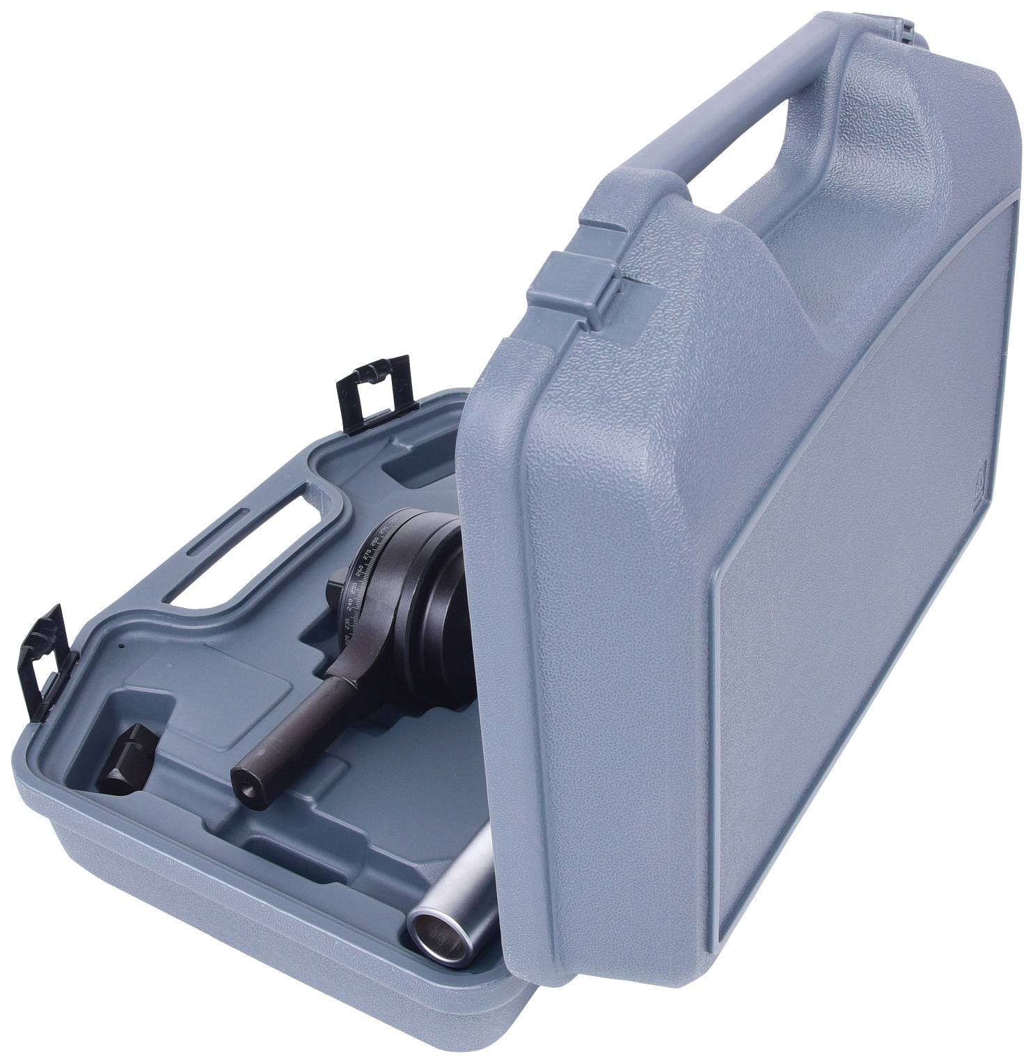 Grauer Kunststoffkoffer, teilweise geöffnet, mit einem schwarzen Werkzeug im Inneren. Geeignet für Transport und Aufbewahrung.