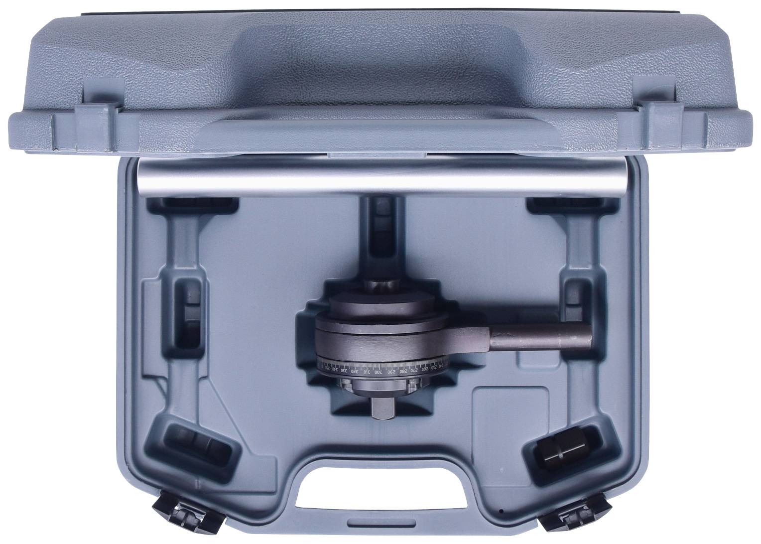 Ein geöffneter Werkzeugkoffer mit einem speziellen Werkzeug innen, wahrscheinlich für präzise technische Arbeiten.