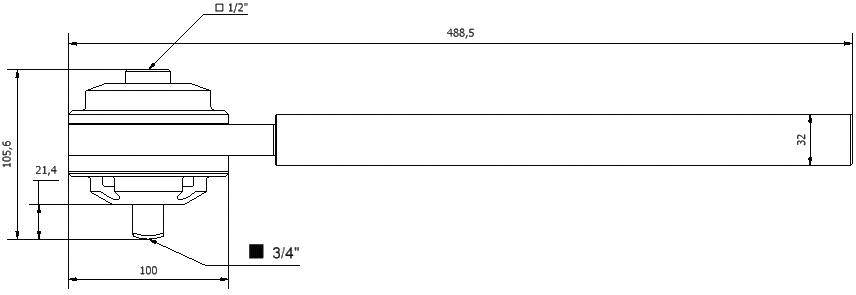 Technische Zeichnung eines Hebels mit genauen Maßen in Millimetern. Länge 488,5, Breite 32, Detailmaße rund um Gewinde mit 3/4 Zoll.