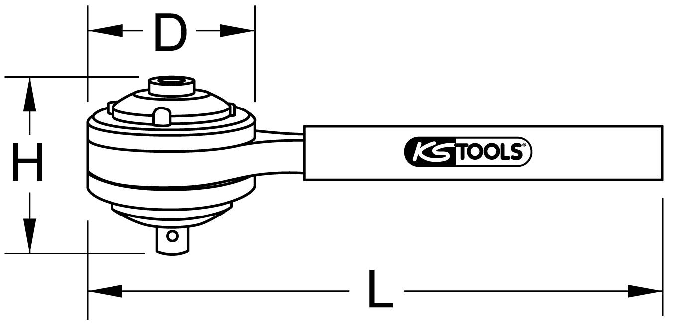 'KSTOOLS'-Logo auf einer Ratsche mit Beschriftungen für Höhe (H), Durchmesser (D) und Länge (L).
