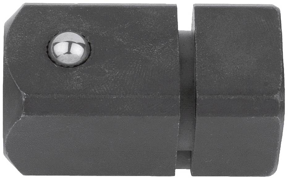 Zylindrisches Metallstück mit einer glänzenden, runden Metallschraube an der Seite, möglicherweise ein Maschinenteil oder Adapter.