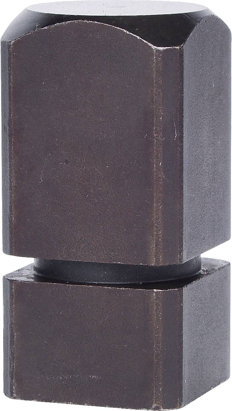 Grau-braunes, sechseckiges Metallteil mit runder Basis und abgerundeter Oberseite, vermutlich ein Maschinenelement oder Werkzeugteil.