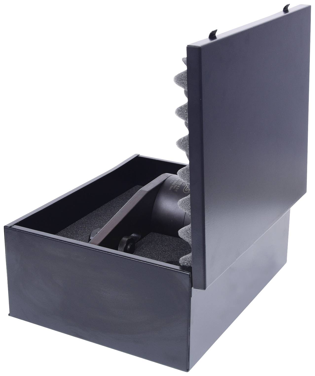 Schwarzer Karton mit abnehmbarem Deckel, ausgekleidet mit Schaumstoff, zum Schutz empfindlicher Gegenstände.