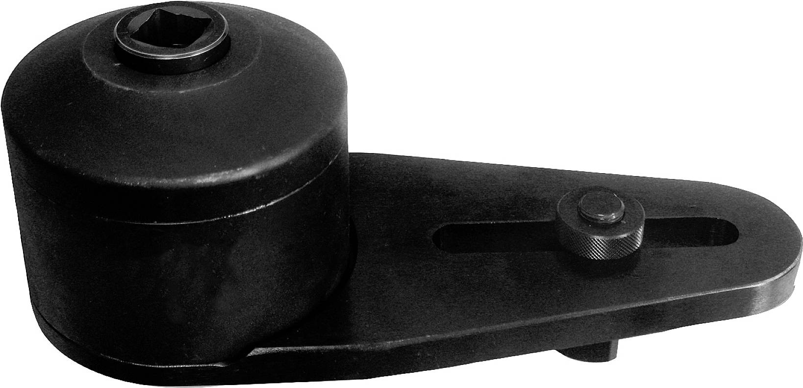 Einzelnes schwarzes Metall-Fahrradwerkzeug mit einem zylindrischen Gehäuse und einer flachen, länglichen Halterung.