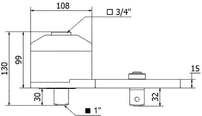 Technische Zeichnung eines mechanischen Teils mit Maßen in Millimetern: Höhe 130, Breite 108, diverse Details und vertikale/horizontale Abmessungen.