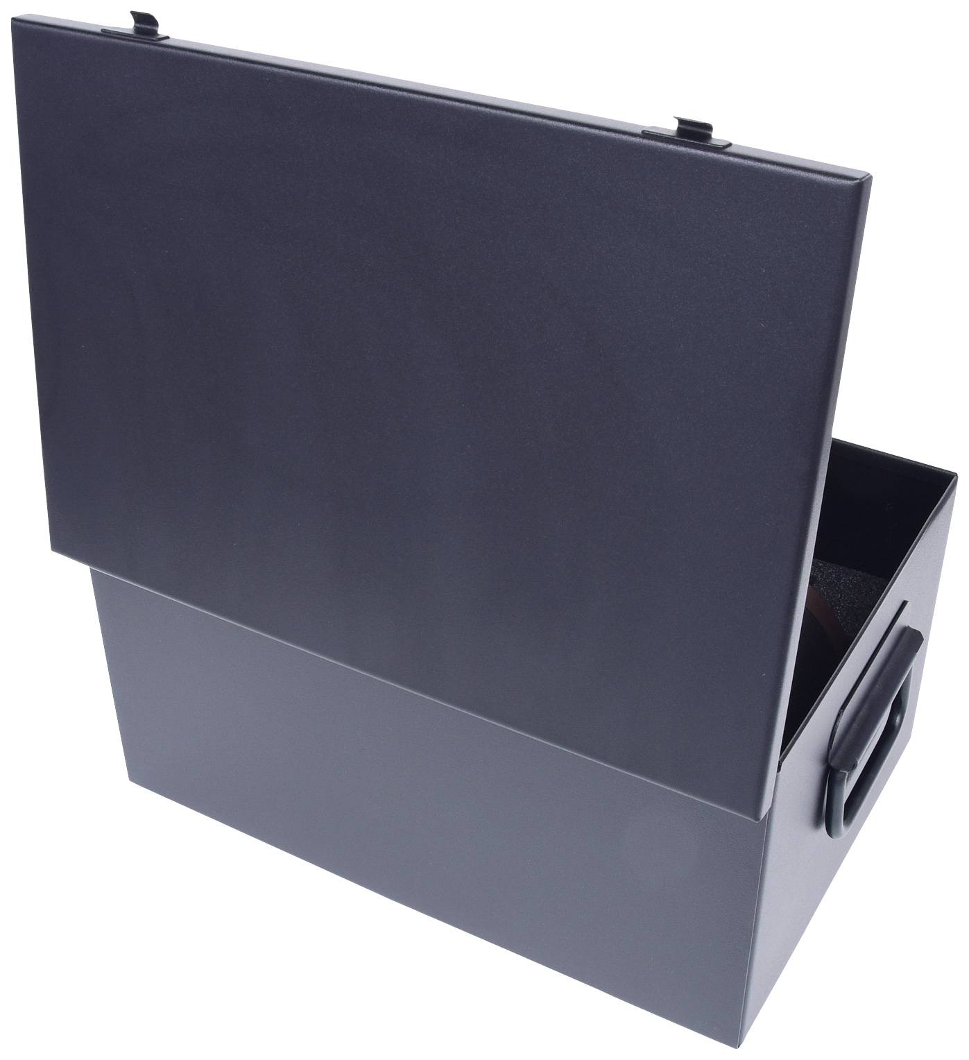 Schwarze, offene Kunststoffbox mit Griff an der Seite, geeignet zur Aufbewahrung von Dokumenten oder Büromaterialien.