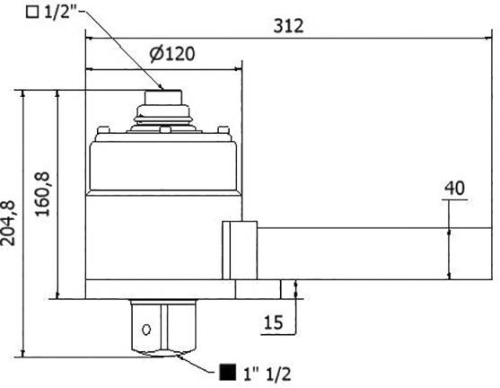 Technische Zeichnung eines Ventils mit Bemaßungen in Millimetern: Höhe 204,8 mm, Durchmesser 120 mm, Breite 312 mm, Auslauf 40 mm.