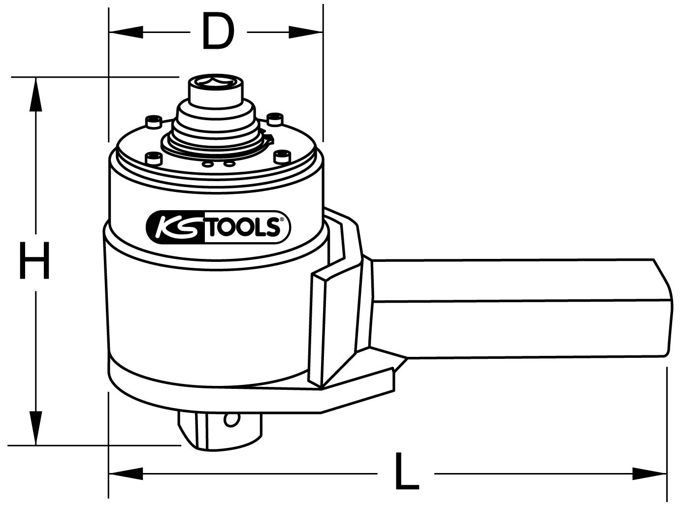 Ein technisches Diagramm zeigt ein Werkzeug mit Längenangaben. Auf dem Werkzeug ist das Logo 'KS TOOLS' sichtbar.