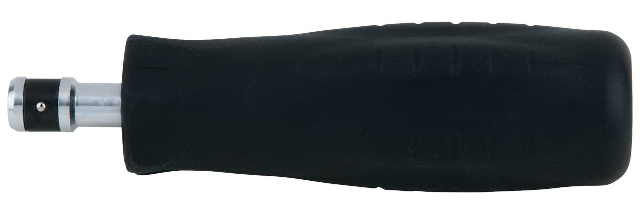 Schwarzer Schraubenzieher-Griff mit silbernem Schaftaufsatz; kein sichtbarer Schraubkopf.