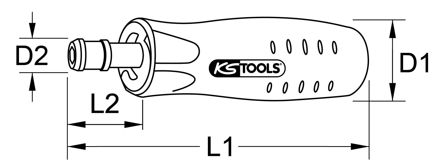 Illustration eines Schraubendrehergriffs mit KS Tools-Logo. Maße sind D1, D2, L1 und L2 markiert.