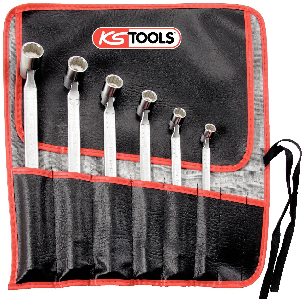 Satz offener Ringschlüssel in einer roten und schwarzen Werkzeugtasche, sechs Größen, mit Markenlogo 'KS Tools' oben auf der Tasche.