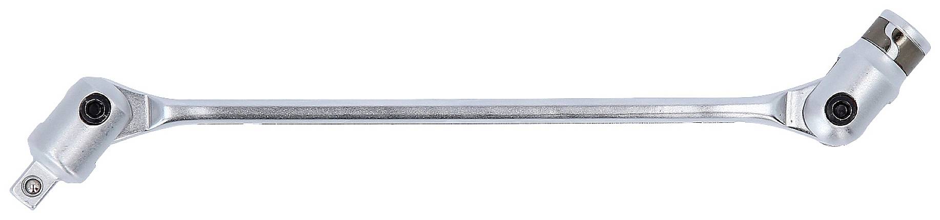 Ein verchromter Gelenkgriff, auch als Knarre bezeichnet, mit zwei Gelenkverbindungen für flexibles Schrauben von schwer zugänglichen Stellen.