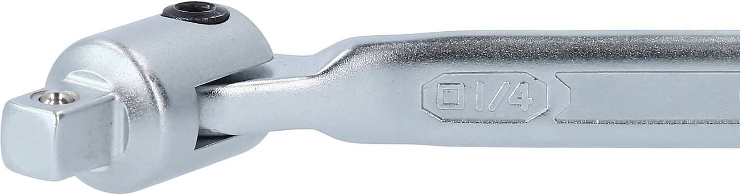 Metalladapter mit Gelenk, ermöglicht flexible Winkelanpassung. Geeignet für Steckschlüssel, mit Aufschrift '1/4'.