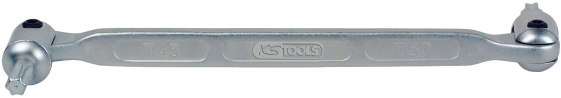 Doppelmaulschlüssel mit geraden, kurzen Hebeln und zwei unterschiedlich großen Maulöffnungen aus Metall, geeignet für verschiedene Schraubengrößen.