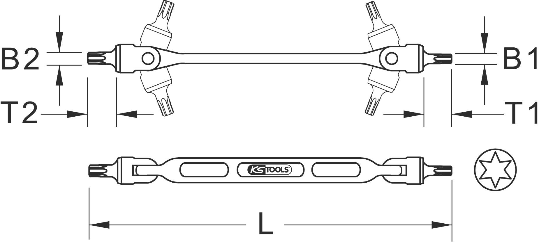 Technische Zeichnung eines doppelten Schraubenschlüssels mit den Maßen B2, T2, B1, T1 und L sowie dem KS Tools Logo in der Mitte.
