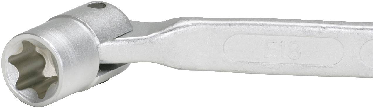 Ein silberfarbener Maulschlüssel mit einer Torx-förmigen, sechseckigen Öffnung und der Beschriftung 'E18' auf dem Griff.