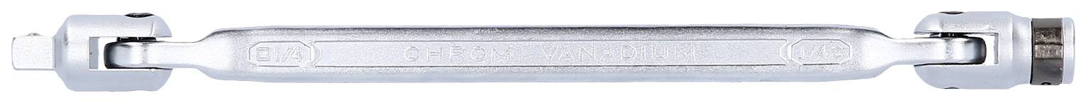 Ein verchromtes Spannschloss mit Gewinde an beiden Enden, häufig verwendet zur Spannungseinstellung von Seilen oder Drähten.