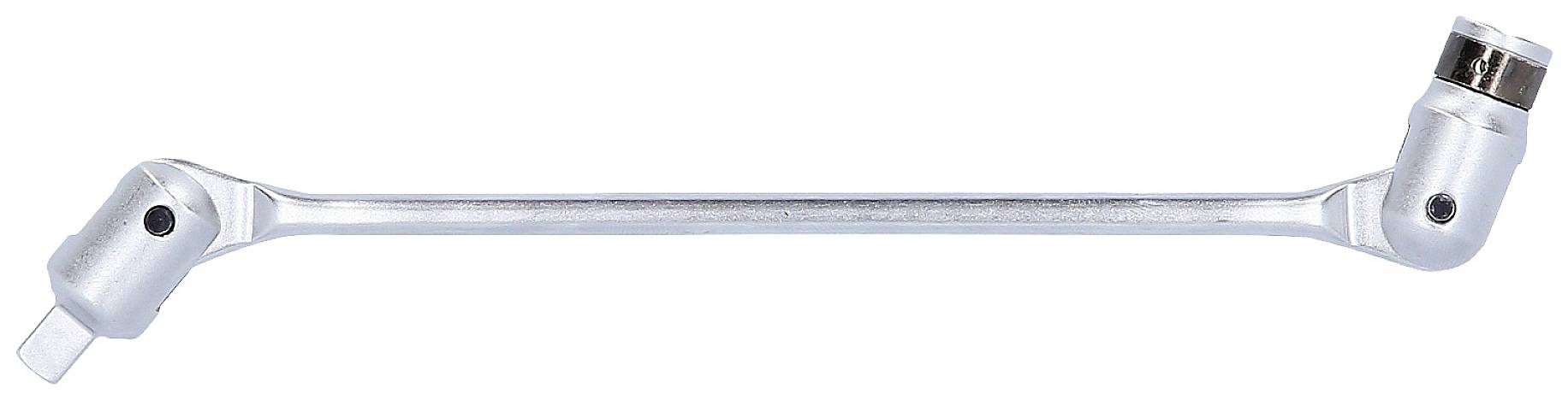 Ein silberfarbenes Gelenkwerkzeug mit einem steifen, zylindrischen Hauptteil und zwei drehbaren Enden für verschraubbare Einsätze.