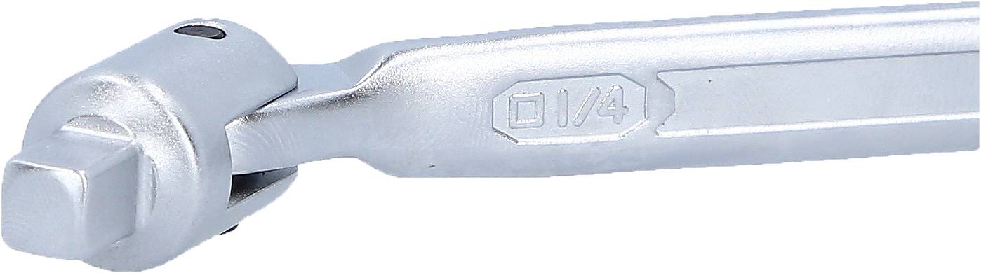 Silberner Knarrenkopfschlüssel mit 1/4-Zoll-Antrieb, geeignet für den Einsatz in der Mechanik oder im Handwerk.