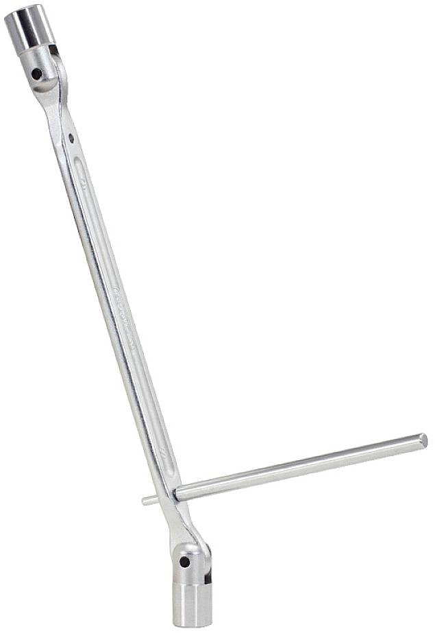 Metallischer Radmutternschlüssel mit zwei Stecknüssen an den Enden und einem Quergriff.