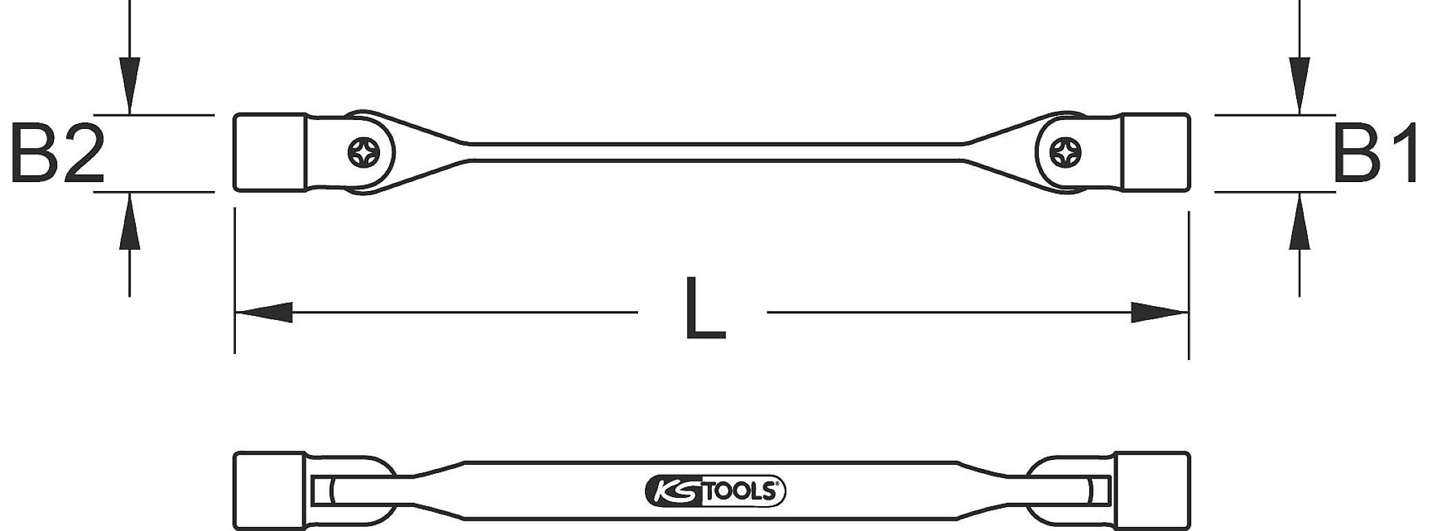 Technische Zeichnung eines Werkzeugs mit Enden B1 und B2. Länge ('L') angegeben. GS Tools-Logo in der Mitte sichtbar.