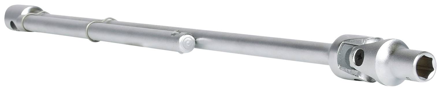 Ein silberfarbener Teleskop-Schlüssel mit Gelenk, geeignet zum Anziehen und Lösen von Schrauben und Muttern an schwer zugänglichen Stellen.