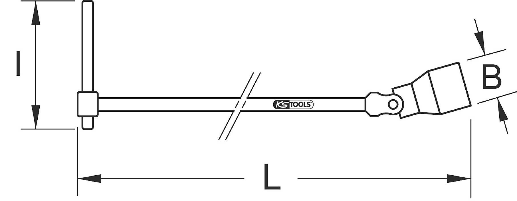 Illustration eines Werkzeugs mit den Maßen: Länge (L), Breite (B), und Höhe (I). Das Werkzeug hat einen Griff und eine Steckverbindung.
